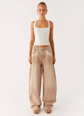 Khalil Baggy Jeans - Tan Flex Fit Design Soft Waistband