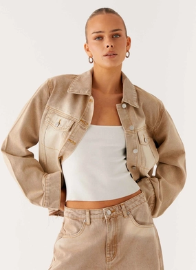 High Collar Windguard WrinkleFreeFinish Khalil Denim Jacket - Tan