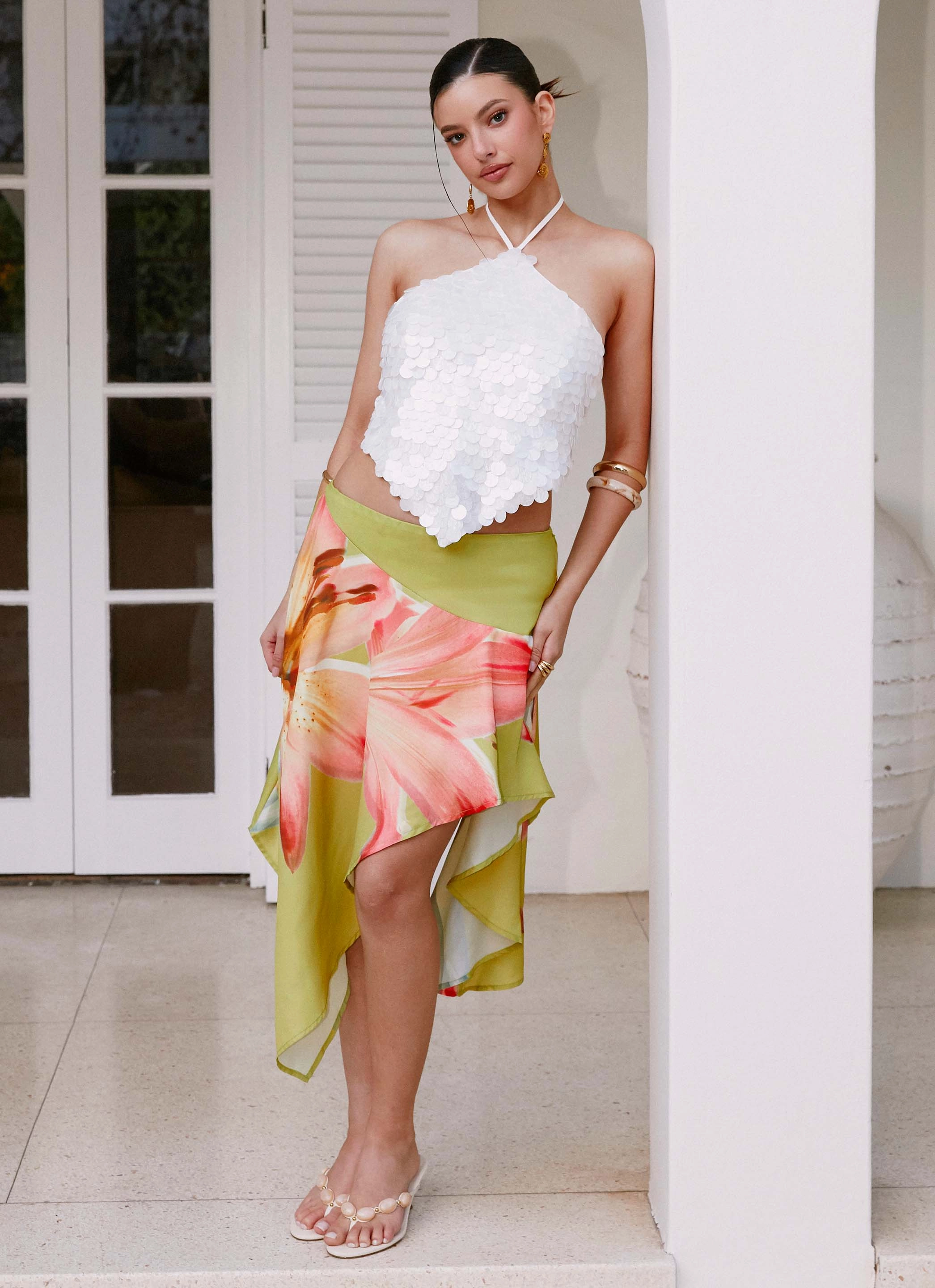 Kia Low Rise Asymmetrical Midi Skirt - Jungle Floral Tapered ankle Elastic waist