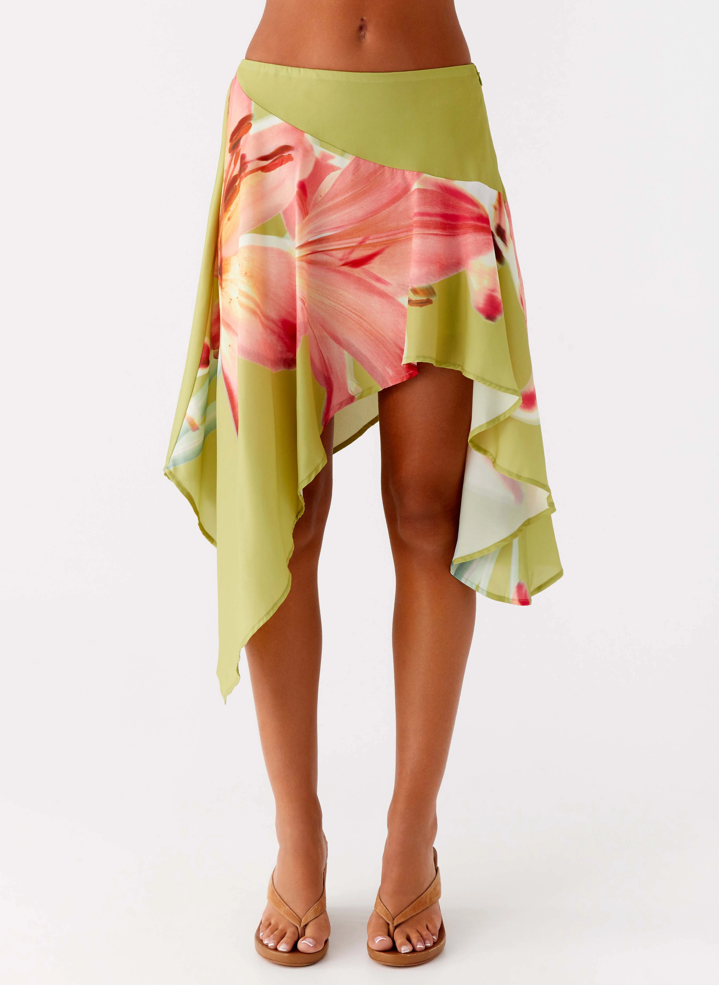 Kia Low Rise Asymmetrical Midi Skirt - Jungle Floral Cool Weather Breathable Weave Fabric