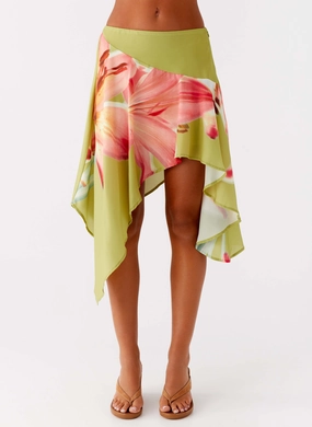 Kia Low Rise Asymmetrical Midi Skirt - Jungle Floral Cool Weather Breathable Weave Fabric