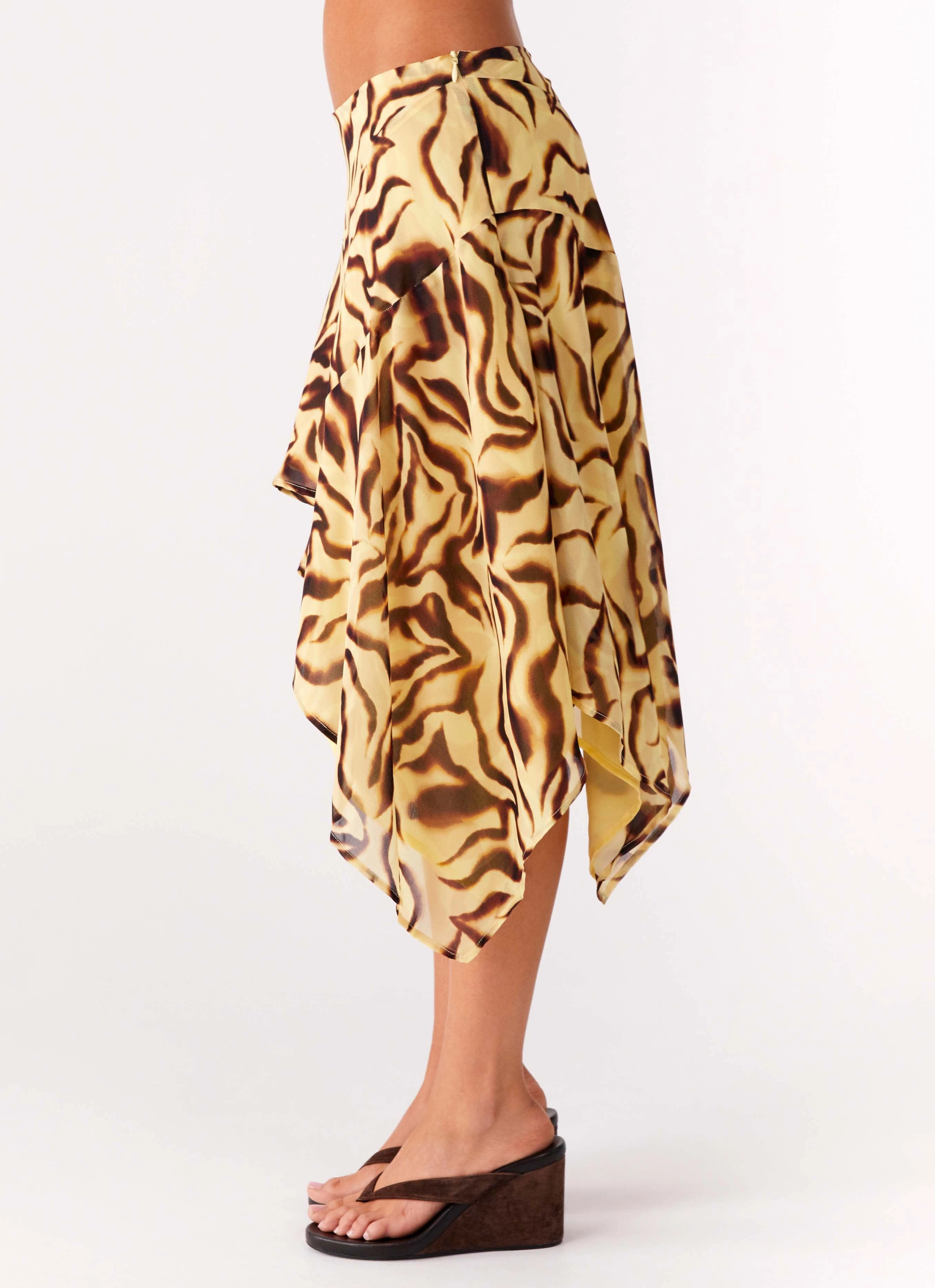 Dark wash Kia Low Rise Asymmetrical Midi Skirt - Laguna Print