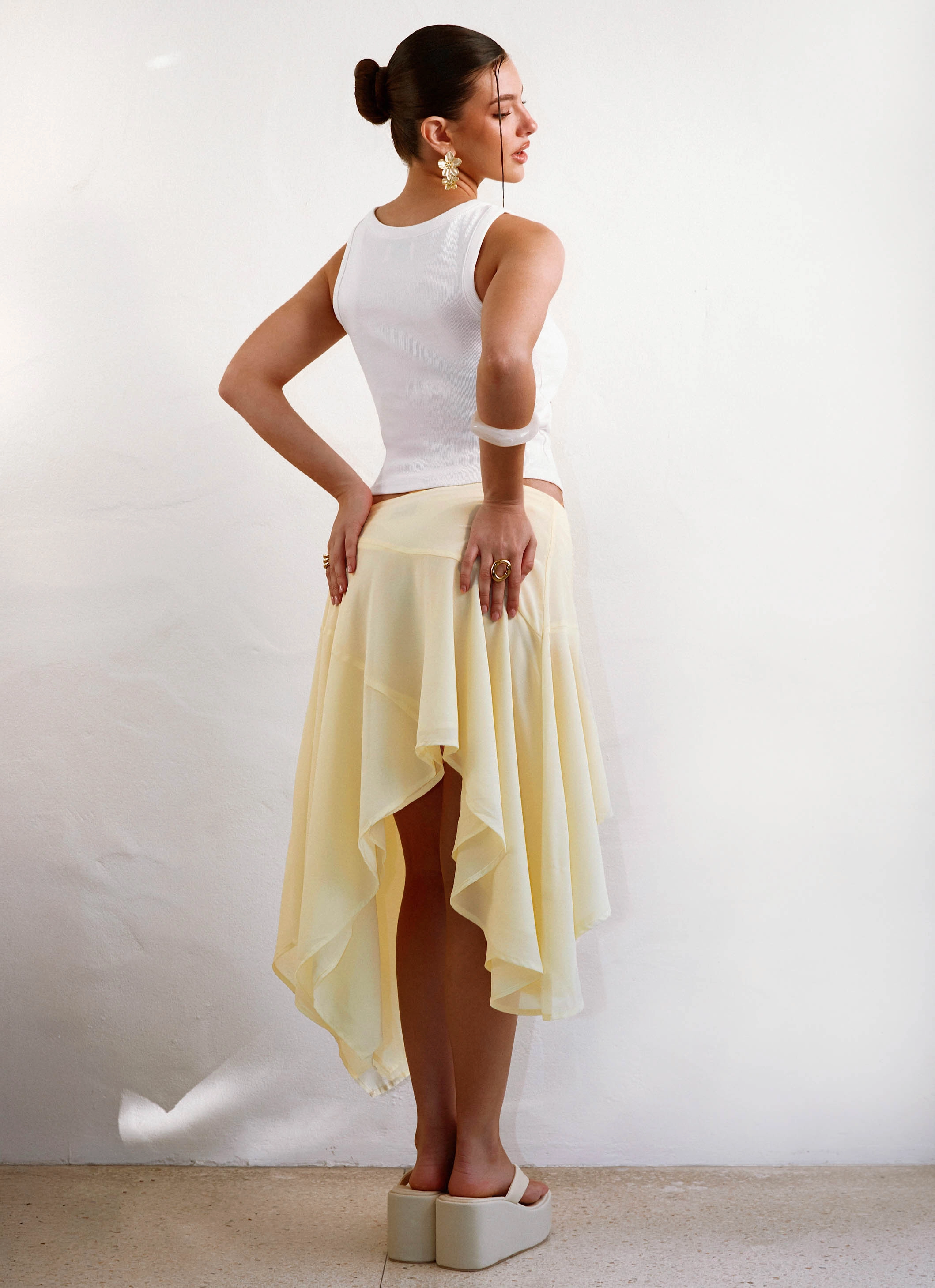 Street Inspired Quick Wash Kia Low Rise Asymmetrical Midi Skirt - Yellow