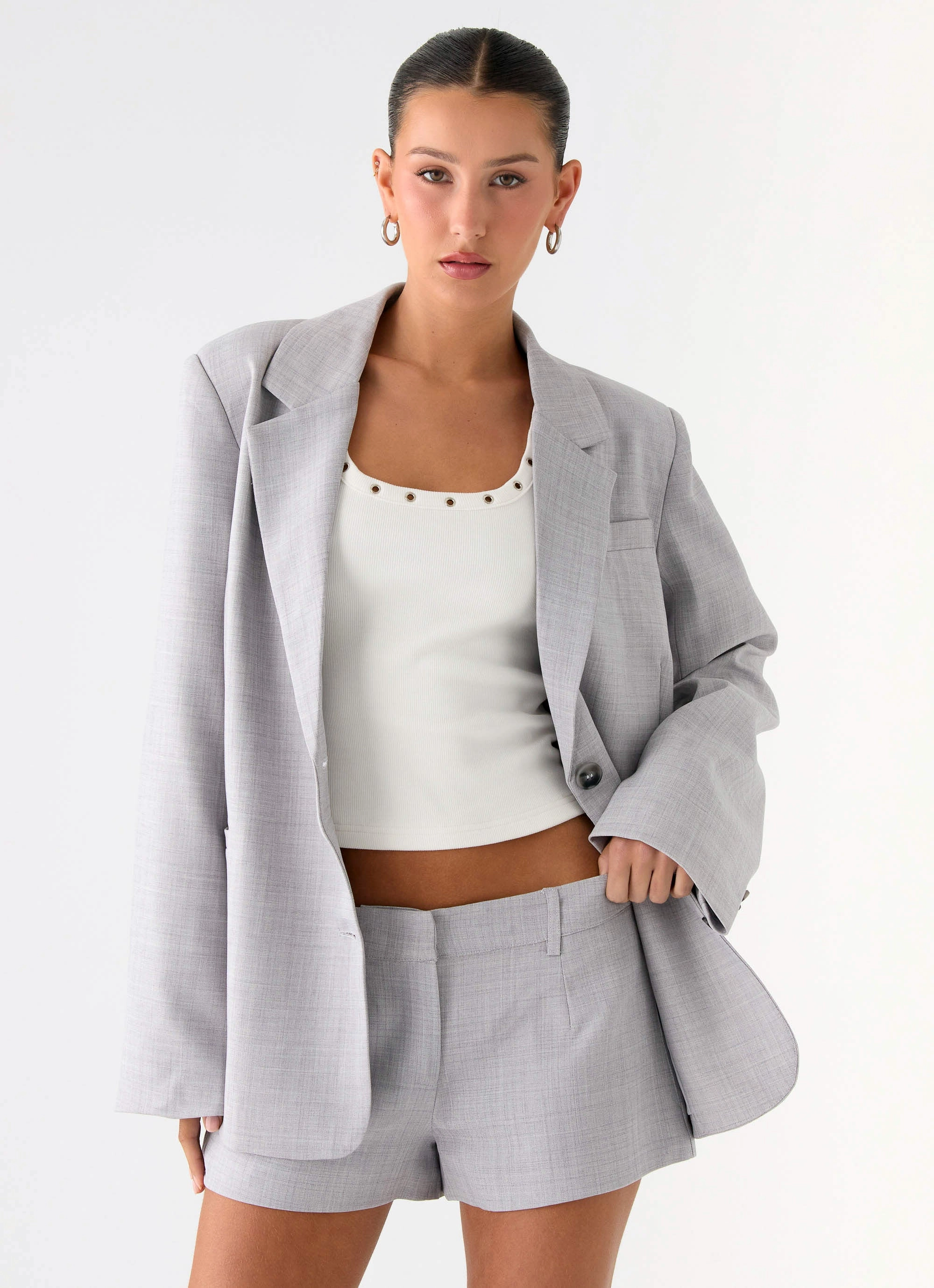Kingston Oversized Blazer - Grey Functional Zip Detail
