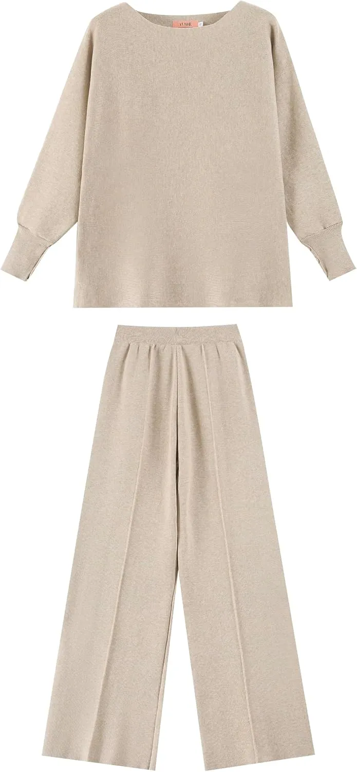 Knit Lounge Set Women Wide Leg Pants Relaxed Top Cozy Soft Knit Fabric Home Shop Garden Walk