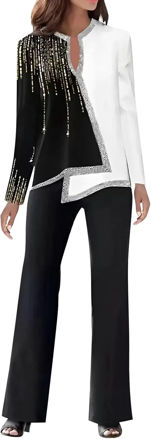 Knit Pajamas Set for Women Women 2 Outfits Casual Long Sleeve Top Loose Wide Leg Pants Trousers Two Set Suit Ladies
