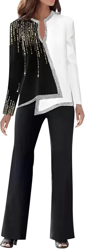 Knit Pajamas Set for Women Women 2 Outfits Casual Long Sleeve Top Loose Wide Leg Pants Trousers Two Set Suit Ladies