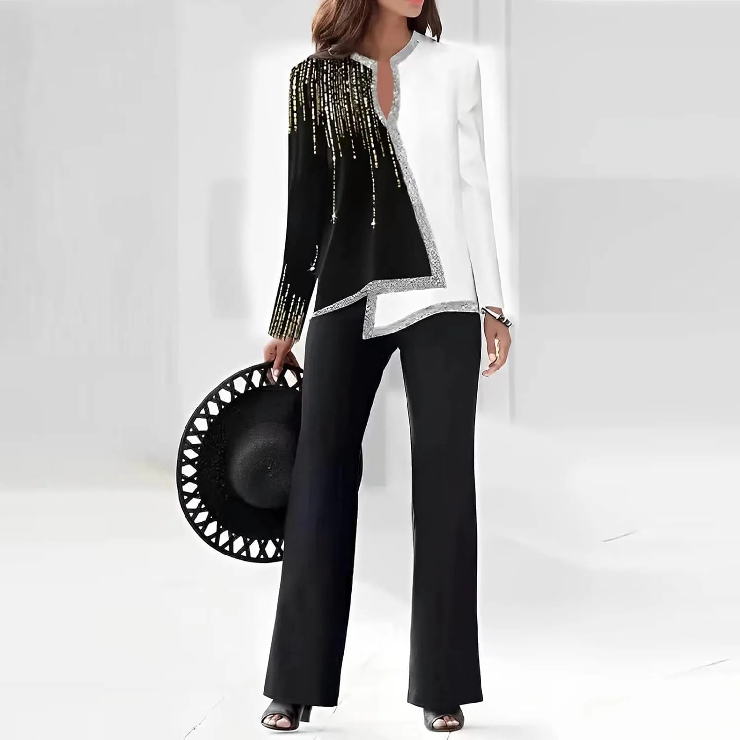 Knit Pajamas Set for Women Women 2 Outfits Casual Long Sleeve Top Loose Wide Leg Pants Trousers Two Set Suit Ladies