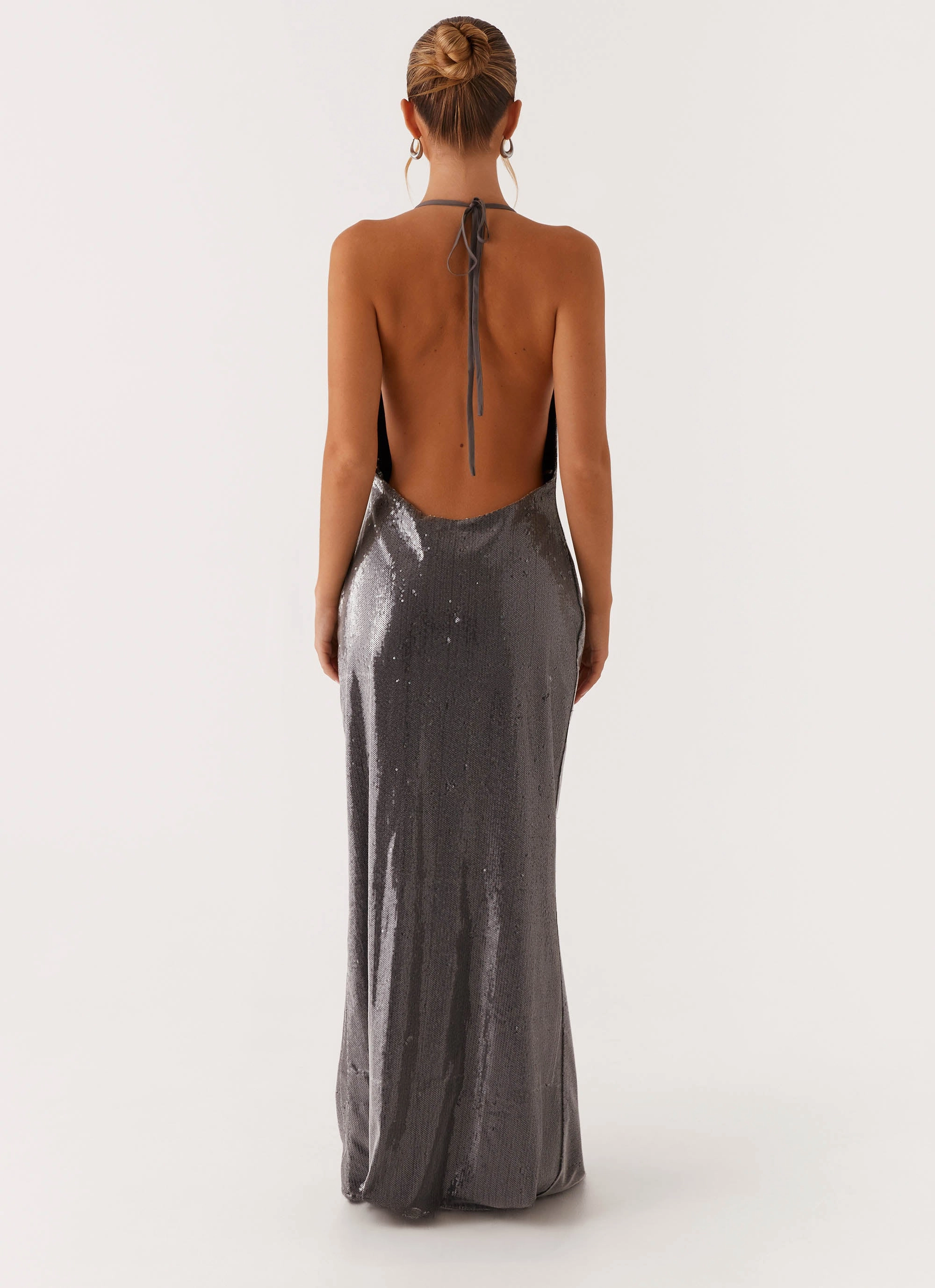 Luxe Look Halter-Neck Sleek Love Sequin Maxi Dress - Silver Sequin
