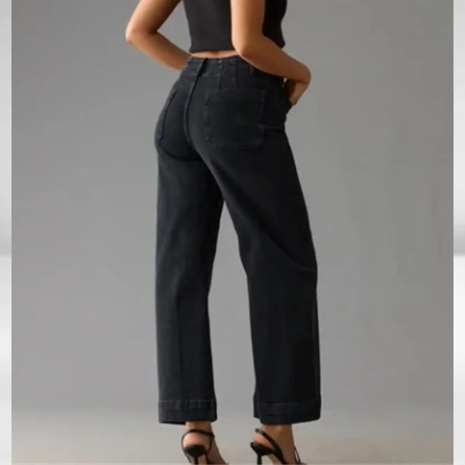 Kubbon Women's Wide Leg Jeans Casual High Waisted Tummy Control Trouser Baggy Cropped Stretch Pants Denim Trouser