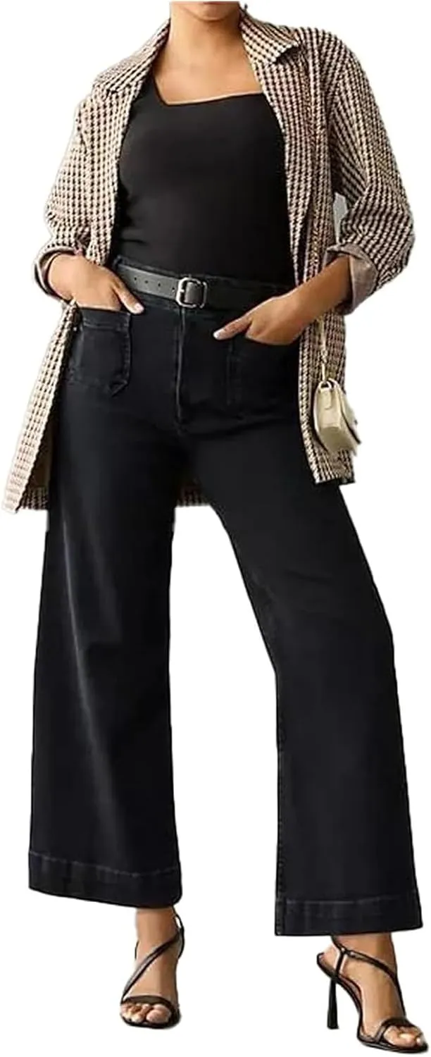 Kubbon Women's Wide Leg Jeans Casual High Waisted Tummy Control Trouser Baggy Cropped Stretch Pants Denim Trouser