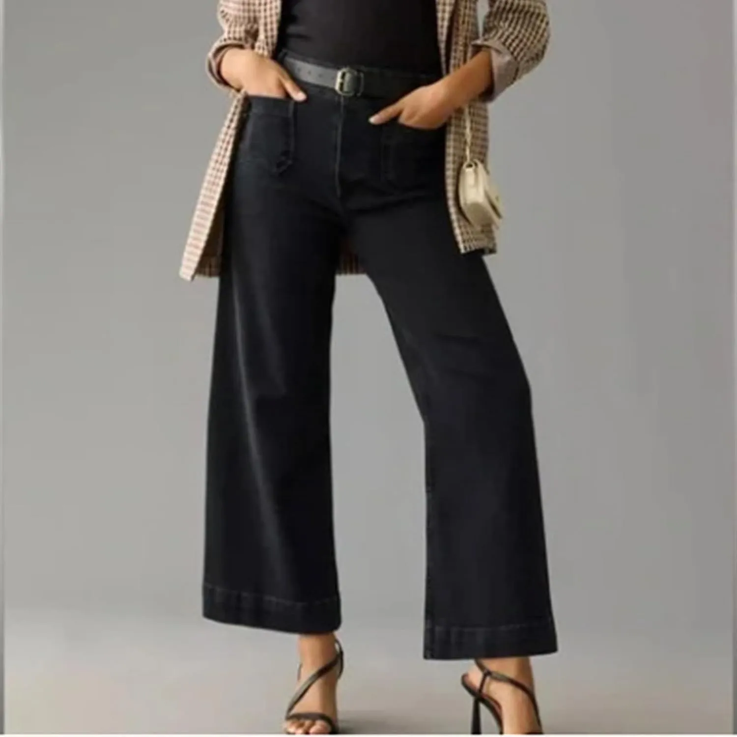 Kubbon Women's Wide Leg Jeans Casual High Waisted Tummy Control Trouser Baggy Cropped Stretch Pants Denim Trouser