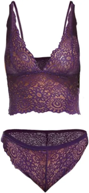 Lace Thong Underwear Set for Women Bralette Panty Set Sexy Lingerie Lace and Bra Lace Bodysuit Lace (Purple, S)