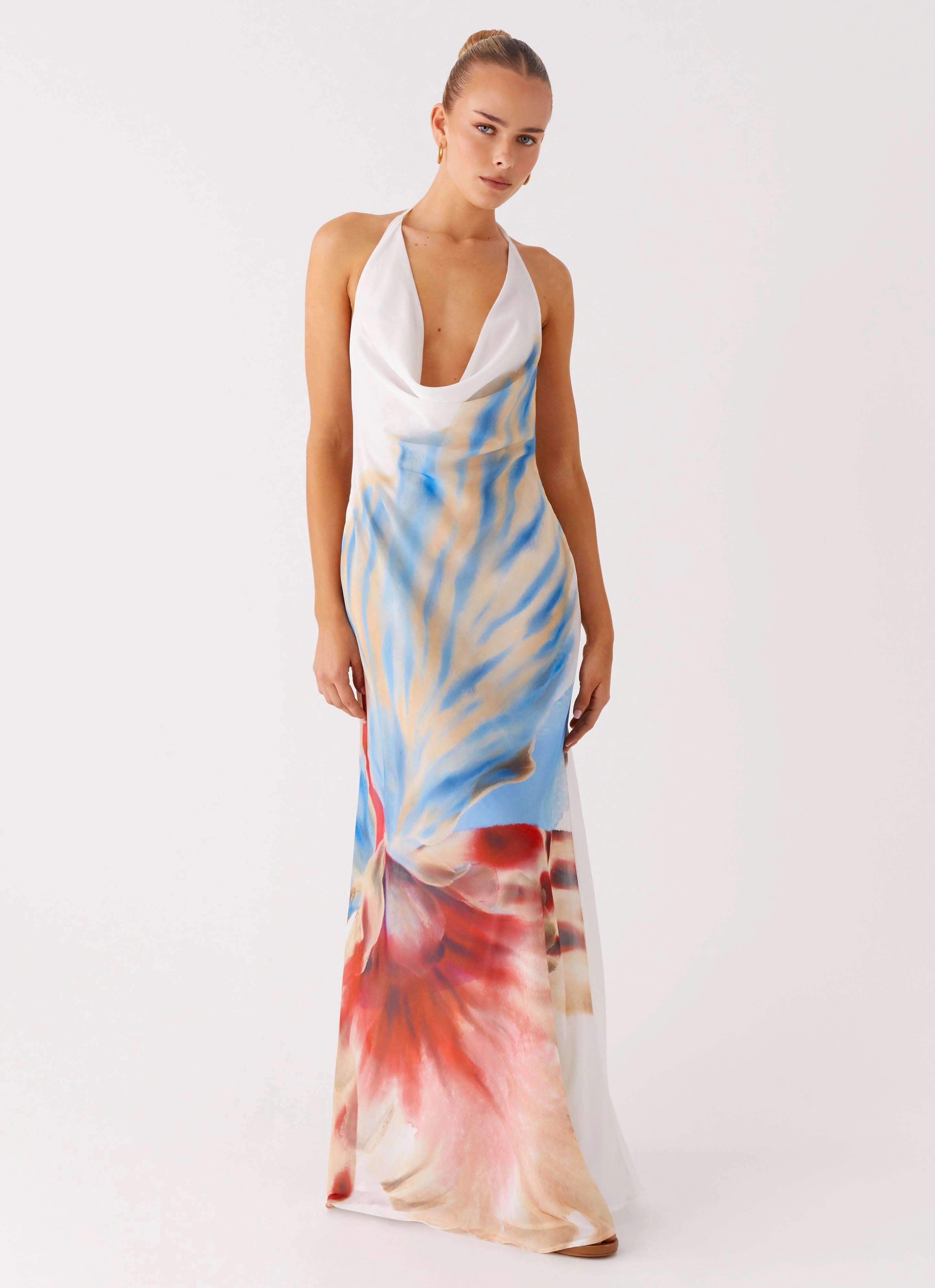 Night Style Stars Align Cowl Maxi Dress - White Sea Bloom