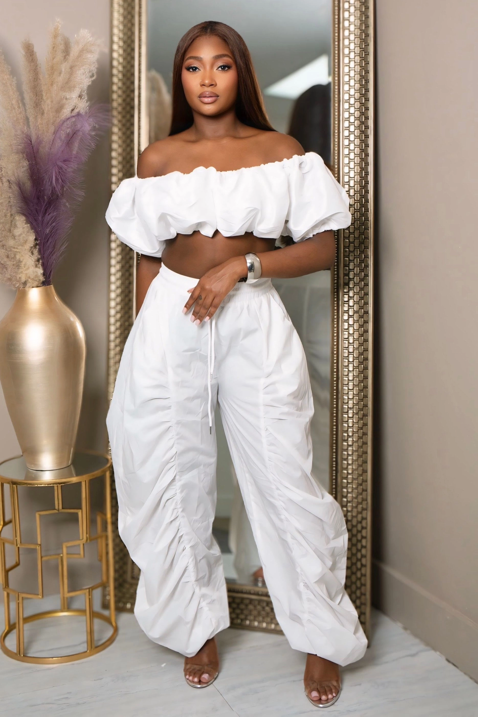 Lacy Ruched Perfection Pants ?C White Flex Fit Design All-day Comfort