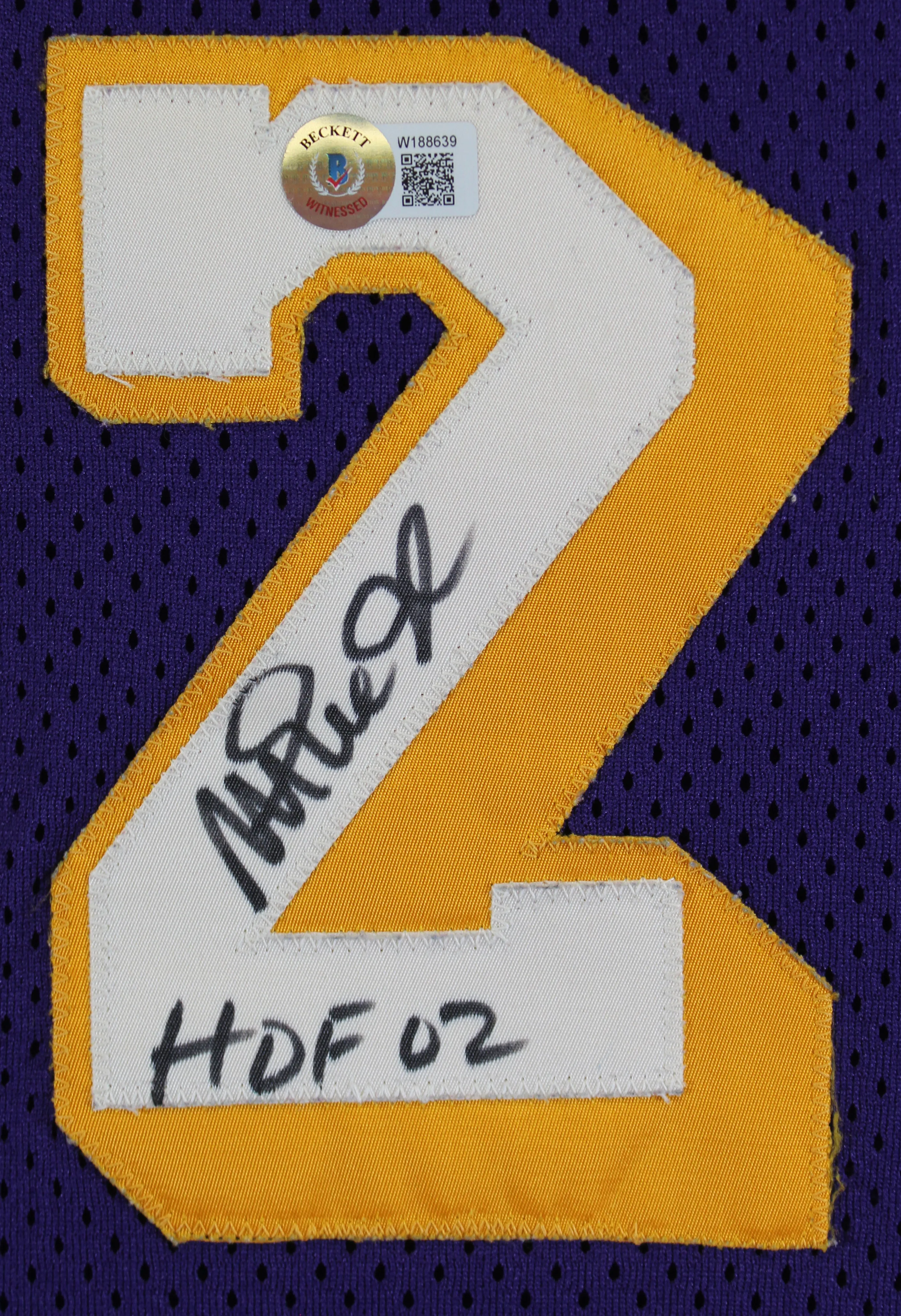 Lakers Magic Johnson "HOF 02" Signed Purple MacGregor Sand-Knit Jersey BAS Wit