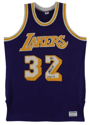 Lakers Magic Johnson "HOF 02" Signed Purple MacGregor Sand-Knit Jersey BAS Wit
