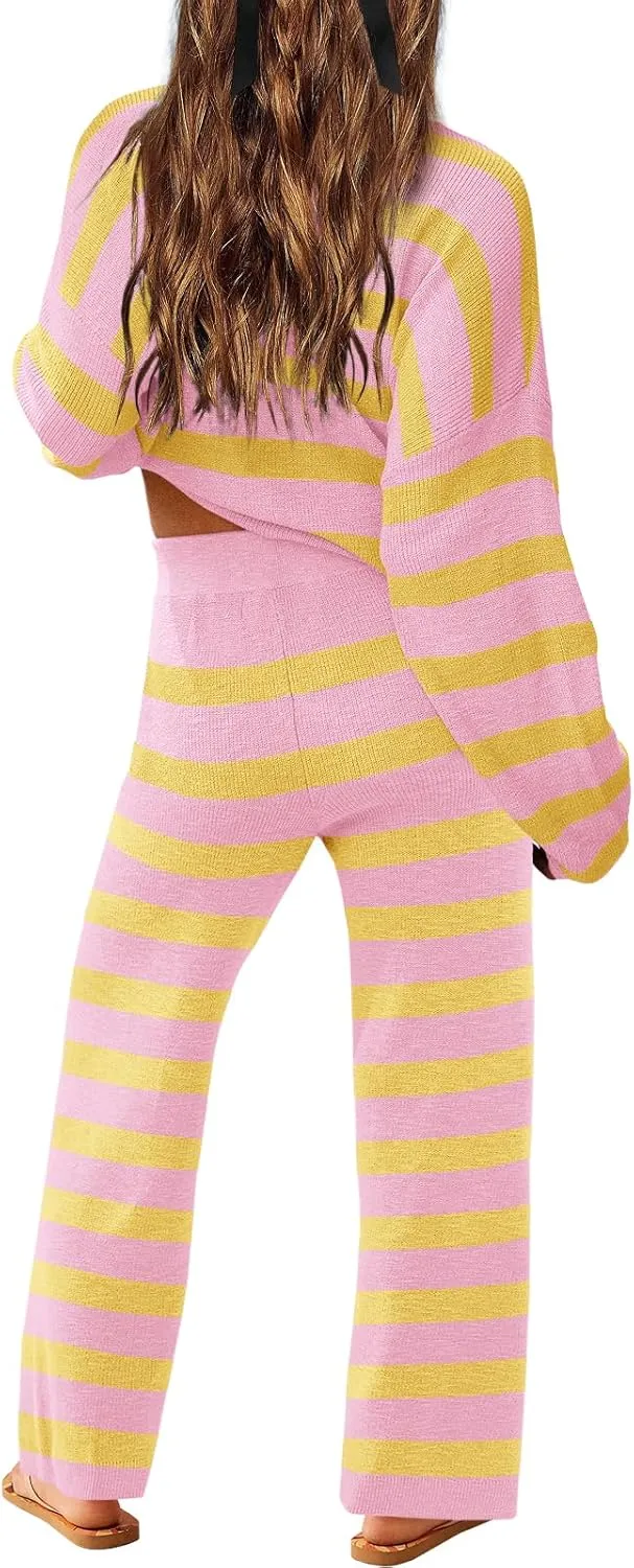 LAMISSCHE Oversized Womens Lounge Set Striped Sweater Set Long Sleeve 2 Piece Pajama Set Top and Pants with Pockets