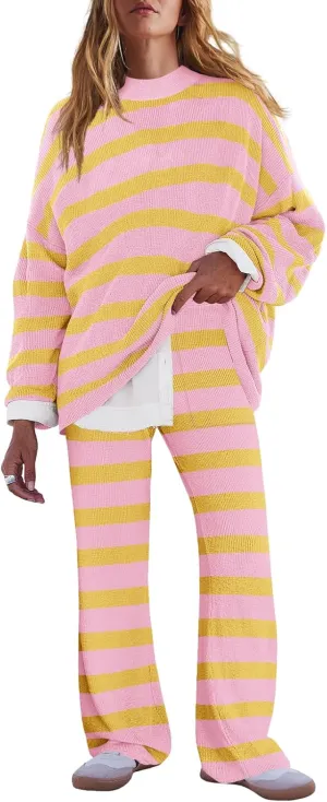 LAMISSCHE Oversized Womens Lounge Set Striped Sweater Set Long Sleeve 2 Piece Pajama Set Top and Pants with Pockets