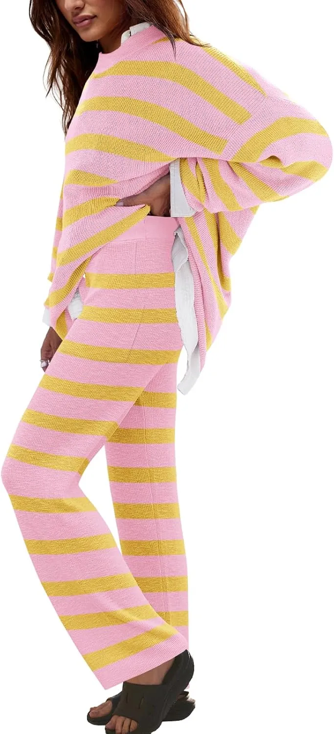 LAMISSCHE Oversized Womens Lounge Set Striped Sweater Set Long Sleeve 2 Piece Pajama Set Top and Pants with Pockets