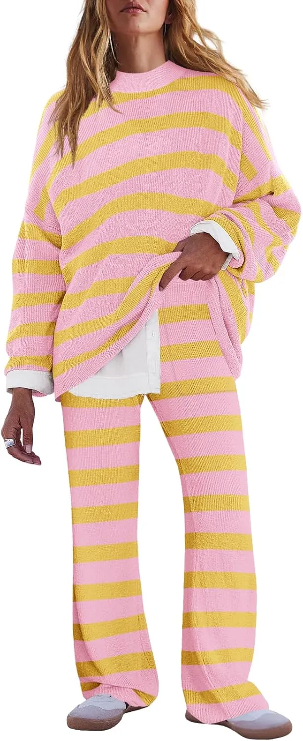 LAMISSCHE Oversized Womens Lounge Set Striped Sweater Set Long Sleeve 2 Piece Pajama Set Top and Pants with Pockets