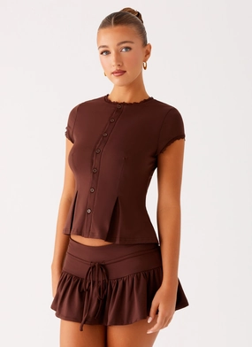 AntiStatic Coating Tagless Labeling Landon Button Up Top - Chocolate