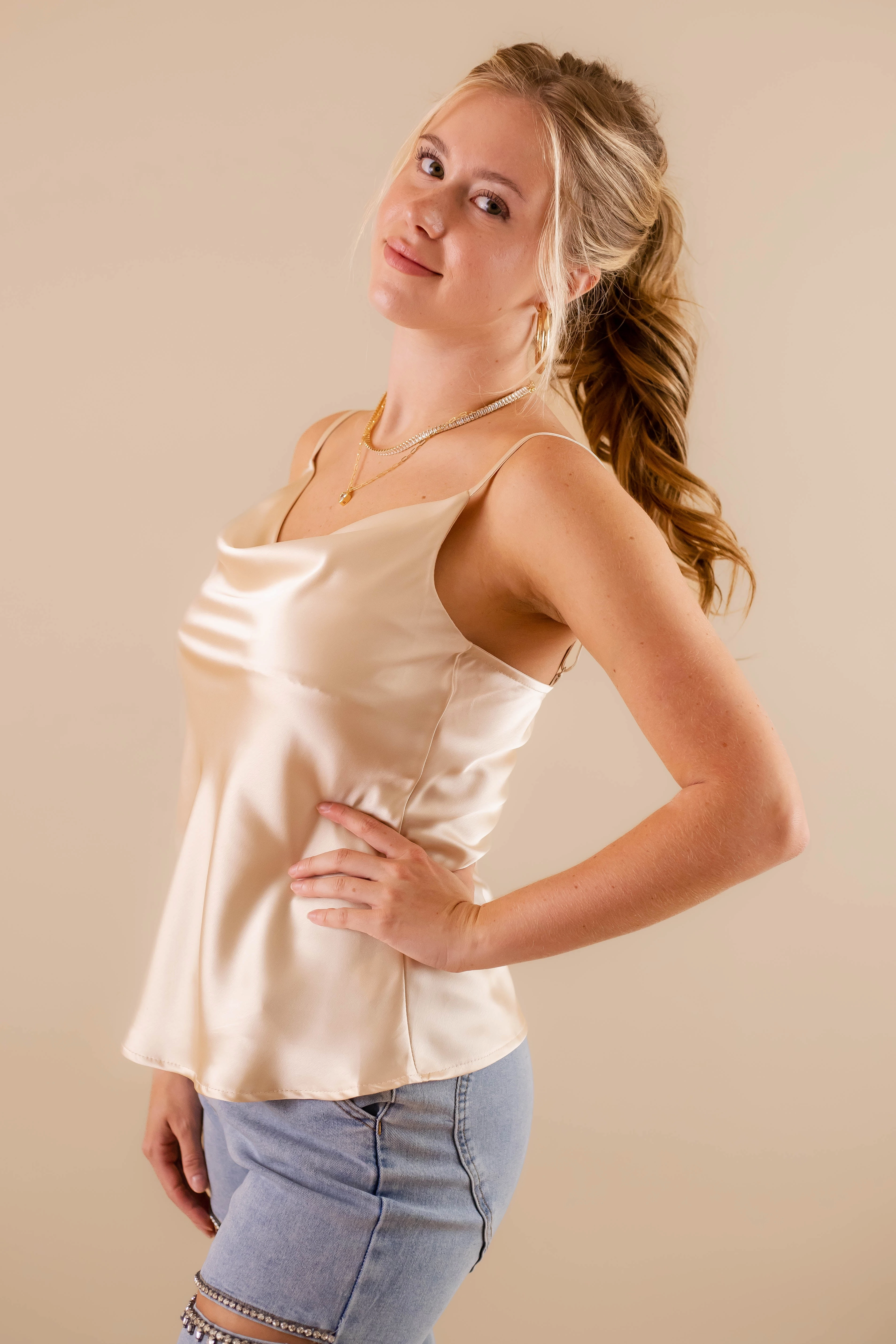 One Less Worry Top-Champagne Mesh Panel Details Low Profile Zipper Closure