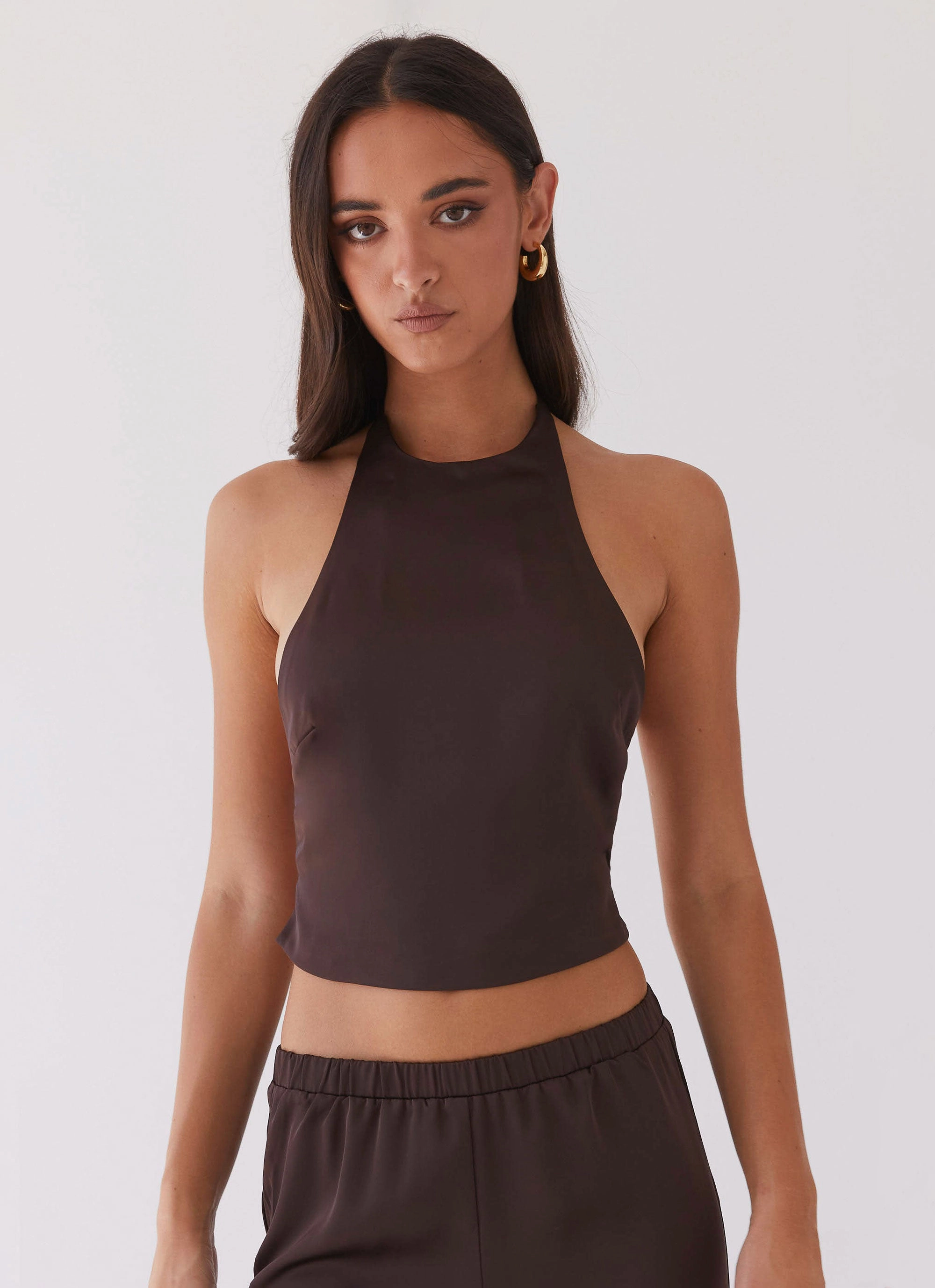 Bree Satin Halterneck Top - Brown AntiFade Treatment ConvertibleSleeves