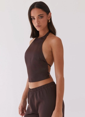 Bree Satin Halterneck Top - Brown Water Repellent Finish TaglessCollars