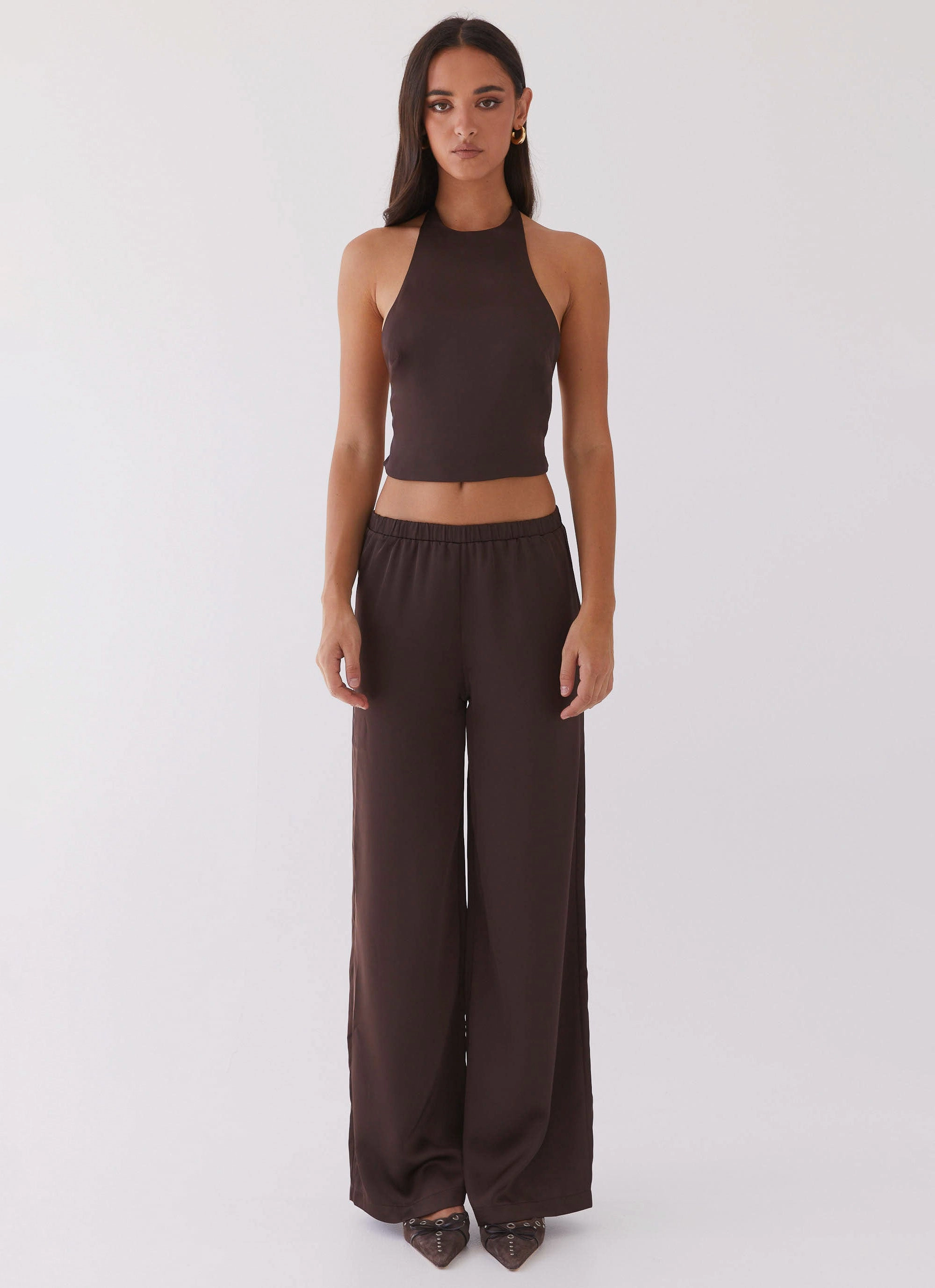 Bree Satin Halterneck Top - Brown DropShoulder