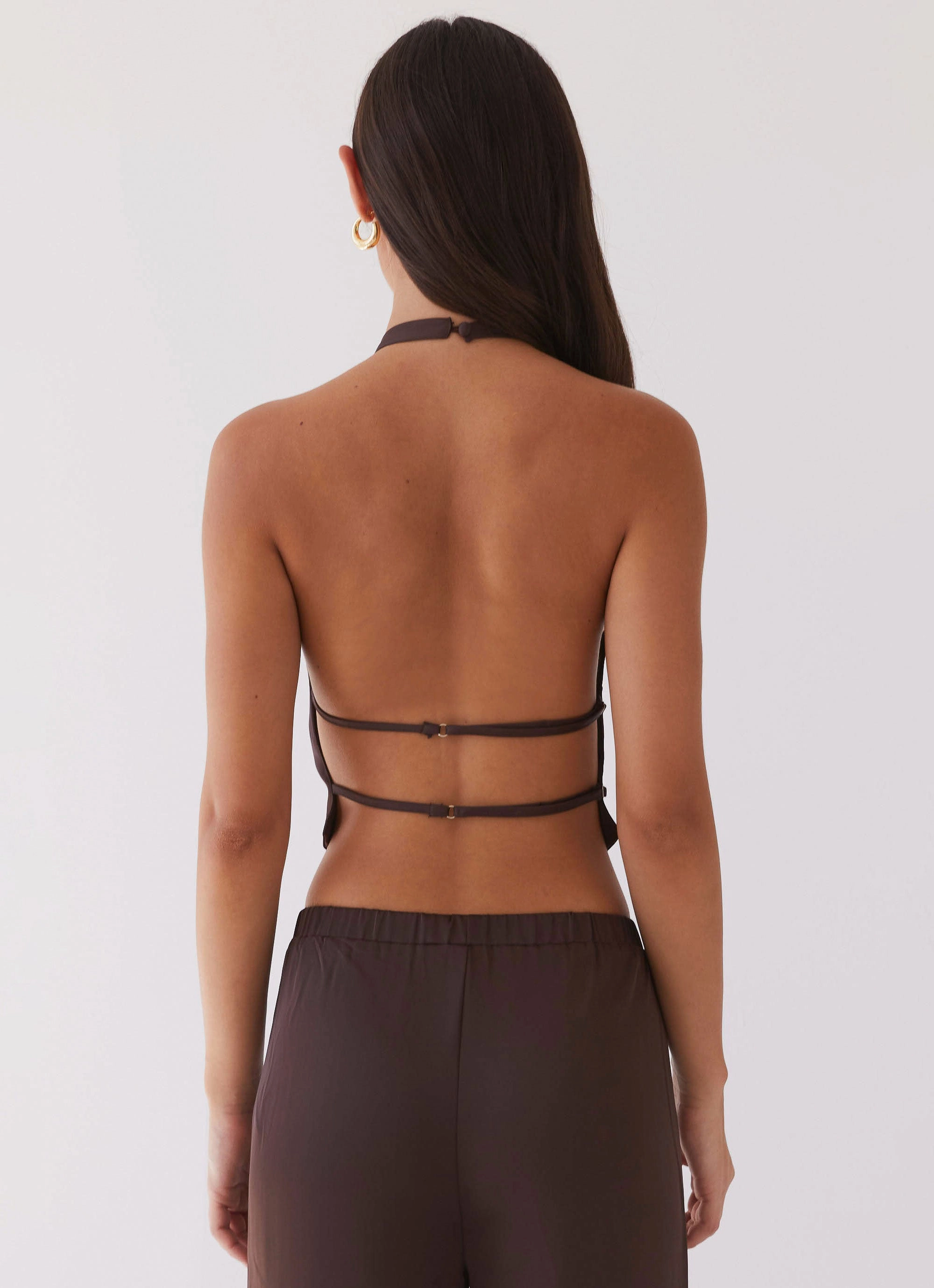 Zero Waste Cut Pattern VentilatedArmholes Bree Satin Halterneck Top - Brown
