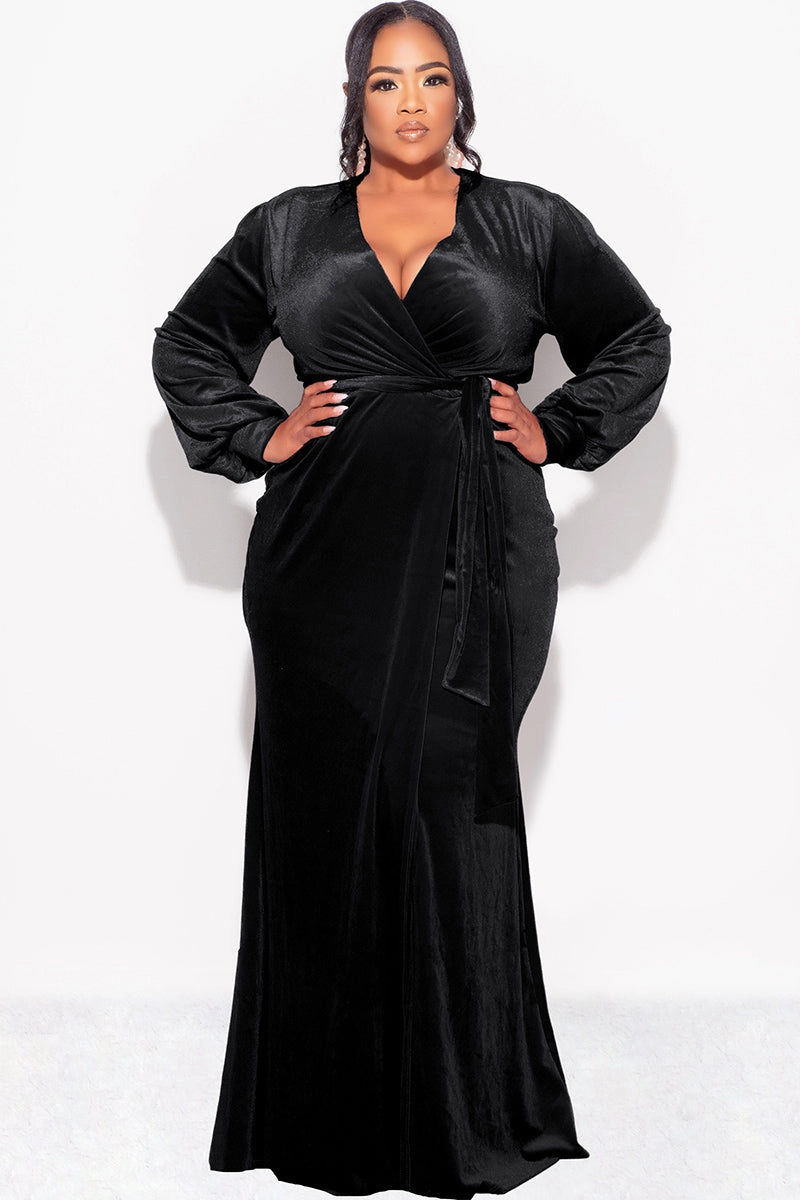 Petal Sleeve Architecture Final Sale Plus Size Faux Wrap Gown with Tie Belt in Black Velvet