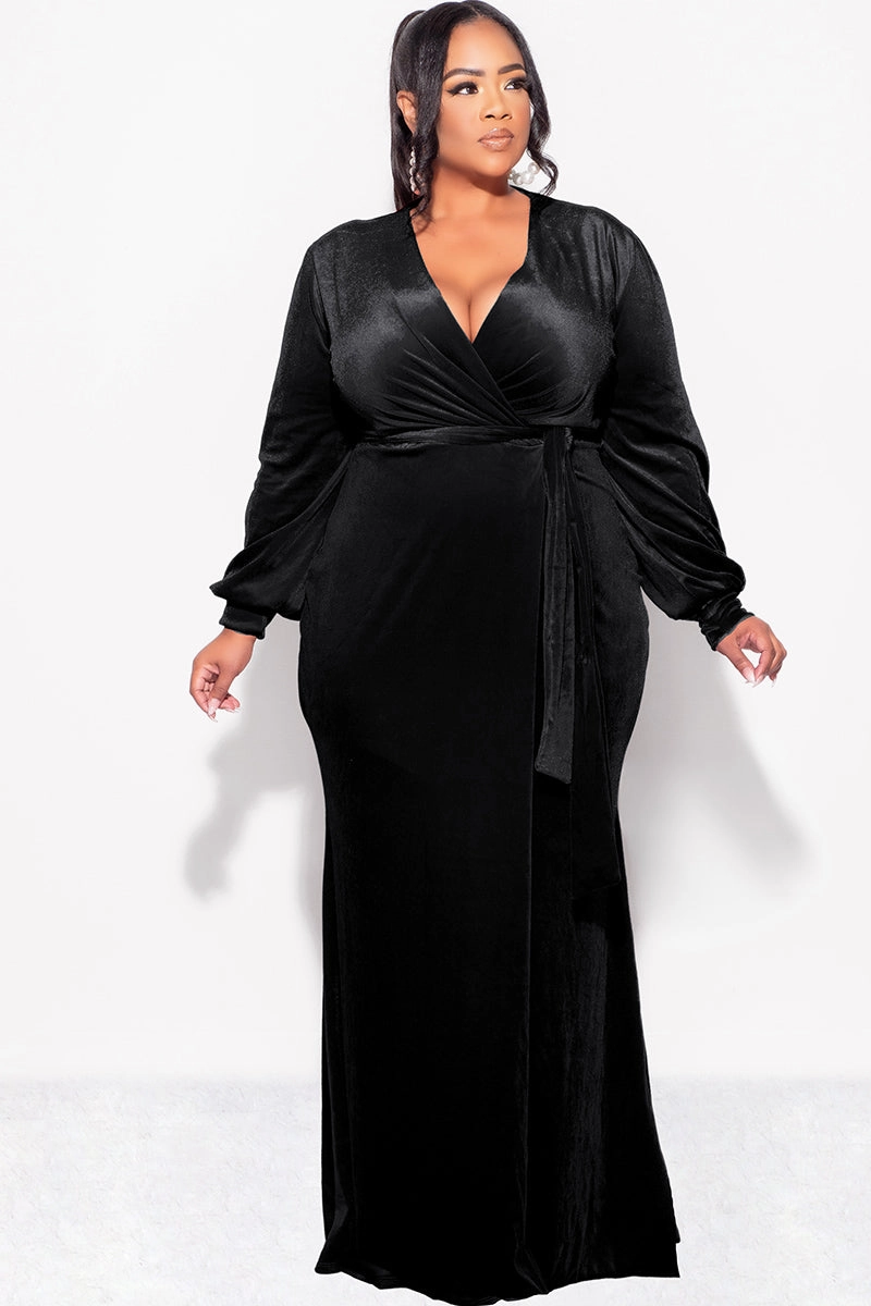 OdorResistantTechnology Snag Resistant Surface Final Sale Plus Size Faux Wrap Gown with Tie Belt in Black Velvet