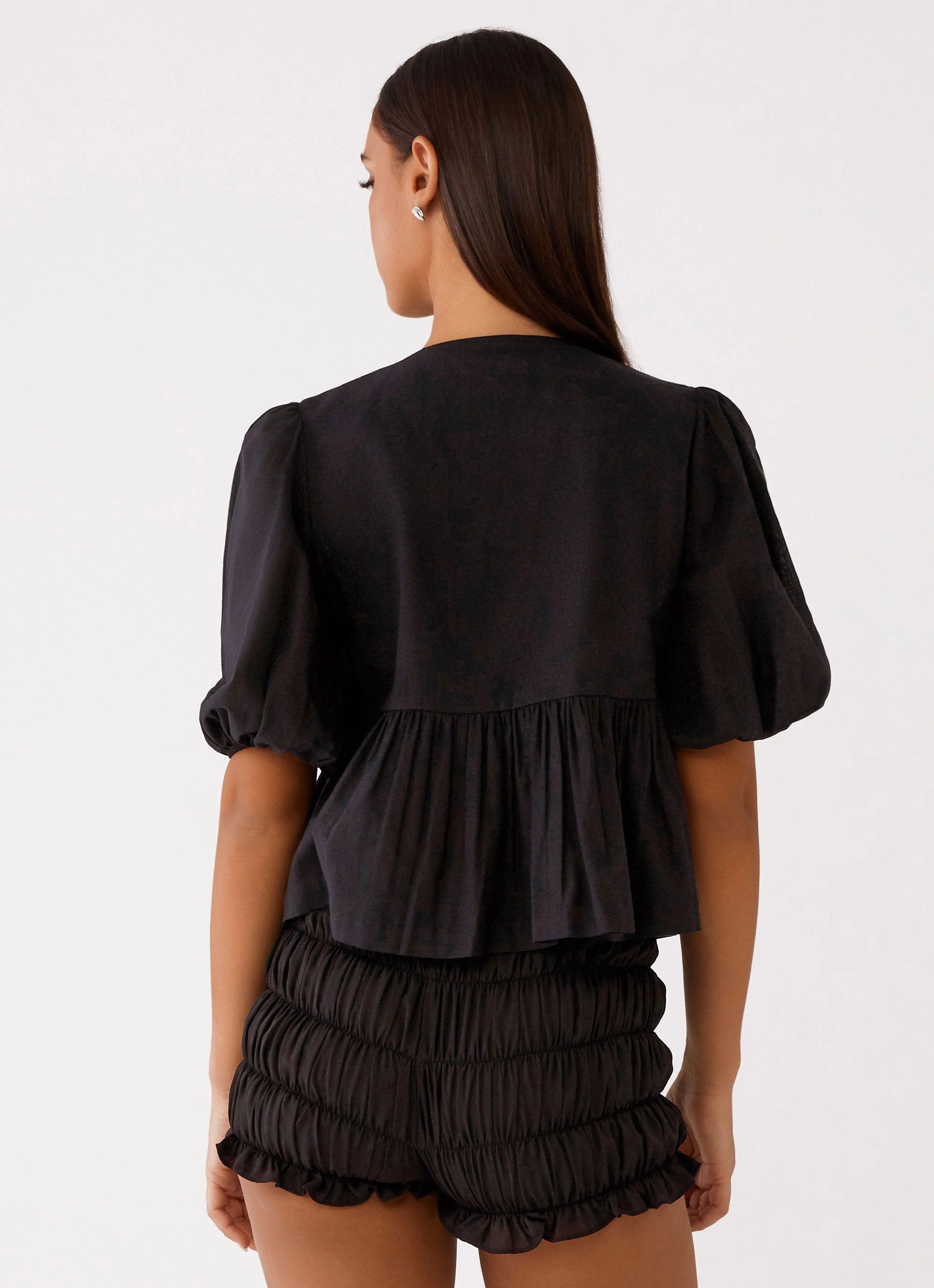 RibbedNeckline Western Wind Tie Top - Black