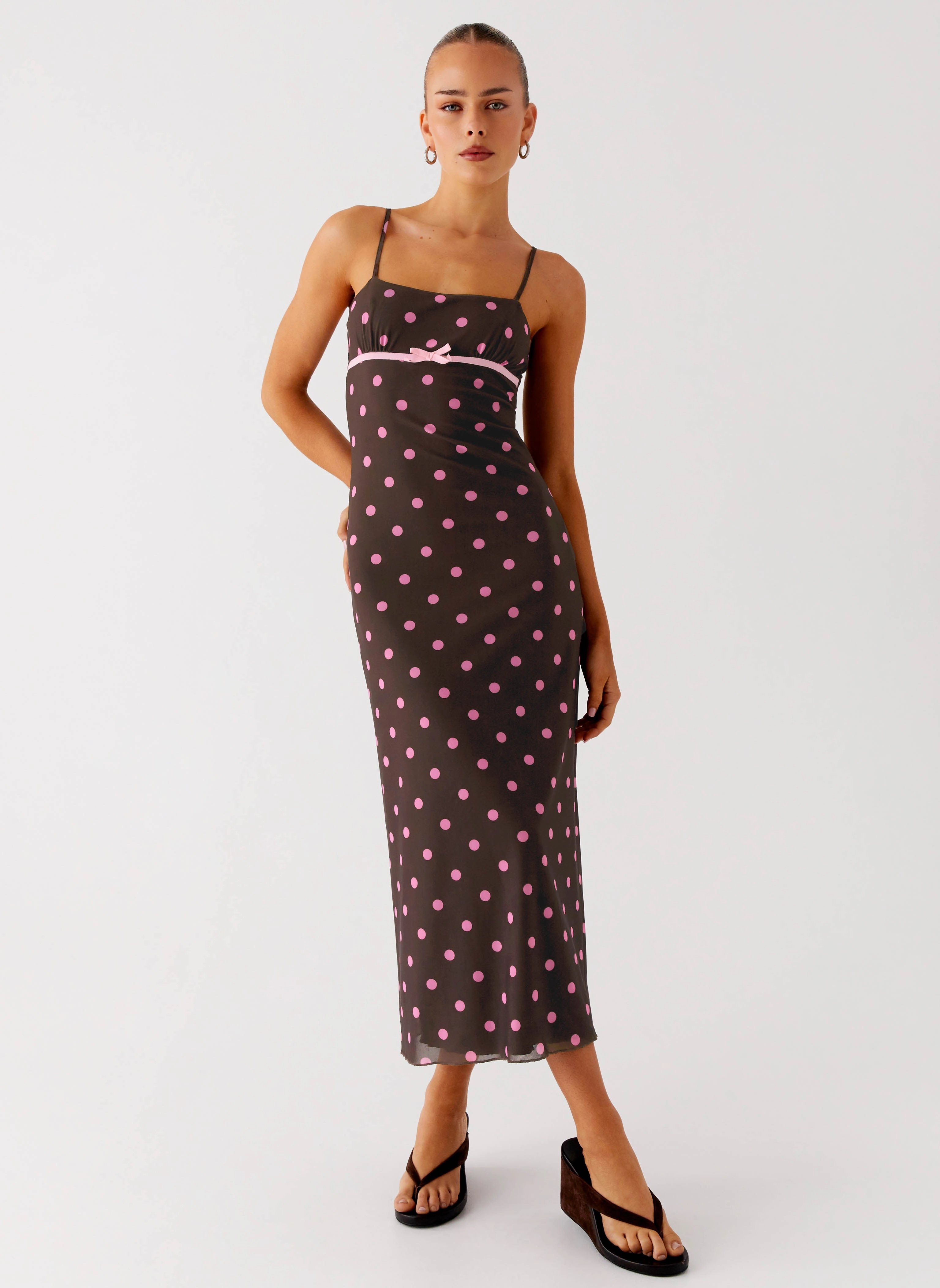 Light Fabric Linen Chic Latto Midi Dress - Chocolate Strawberry Dot