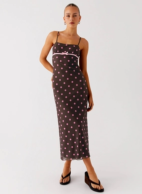 Light Fabric Linen Chic Latto Midi Dress - Chocolate Strawberry Dot