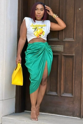 Simple and Cozy Day Wear Laura Bustle Butt High Slit Midi Skirt-Green