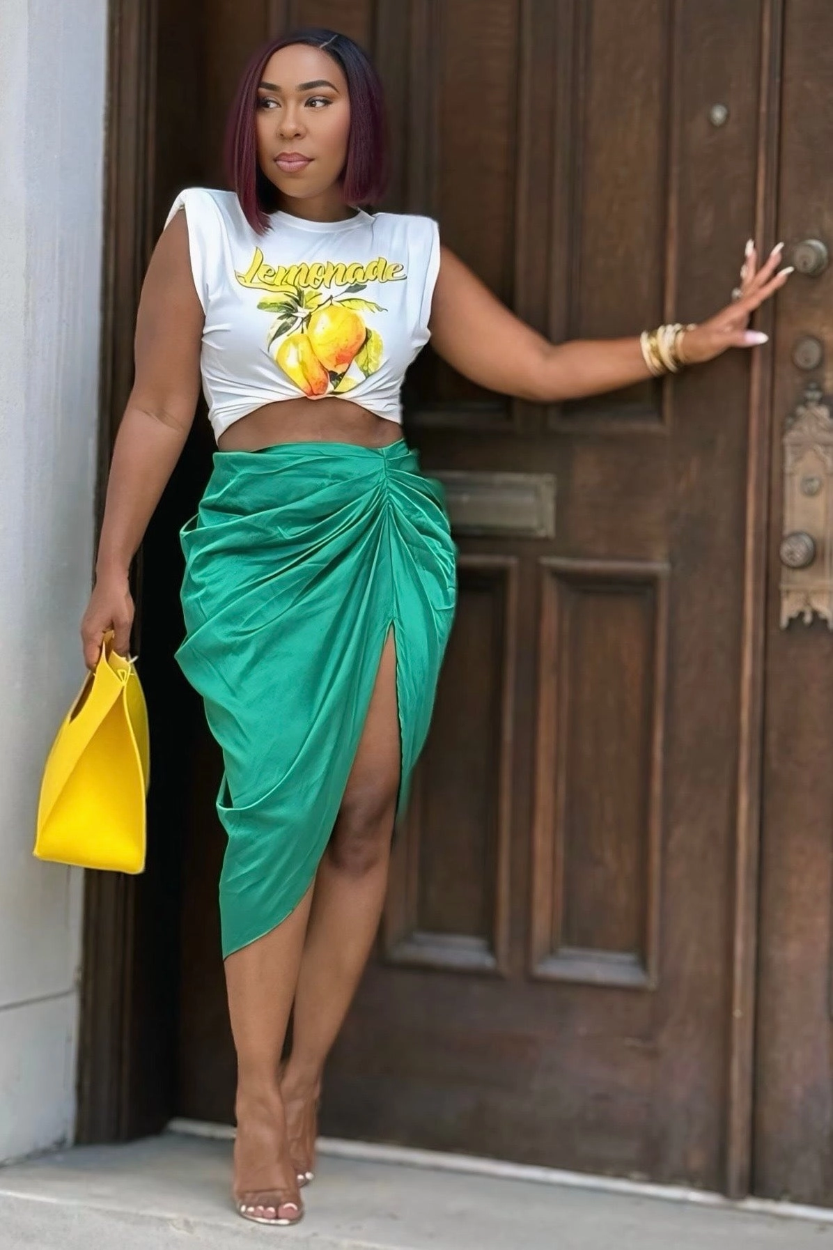 Light Fit Laura Bustle Butt High Slit Midi Skirt-Green