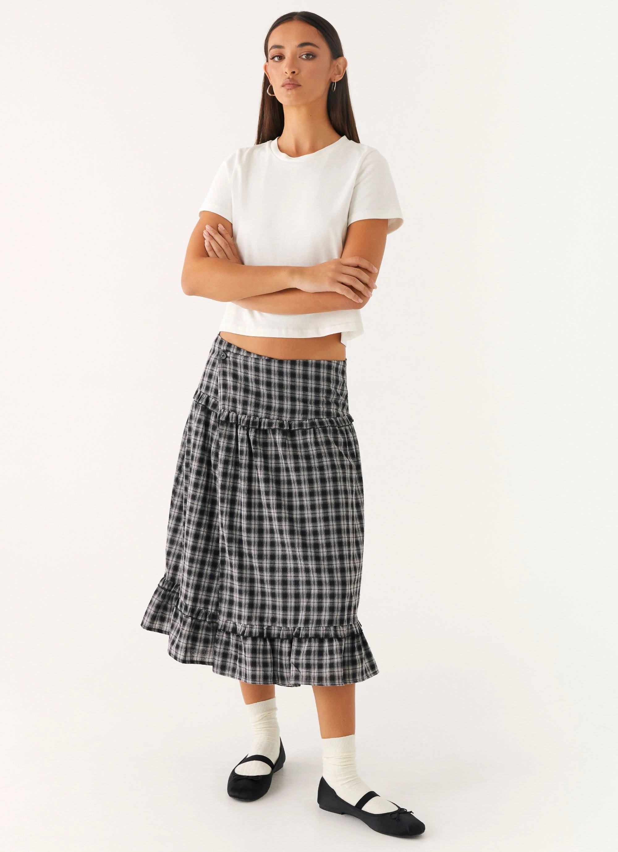 Curved Waistline Casual Edge Laura Midi Skirt - White Black Check