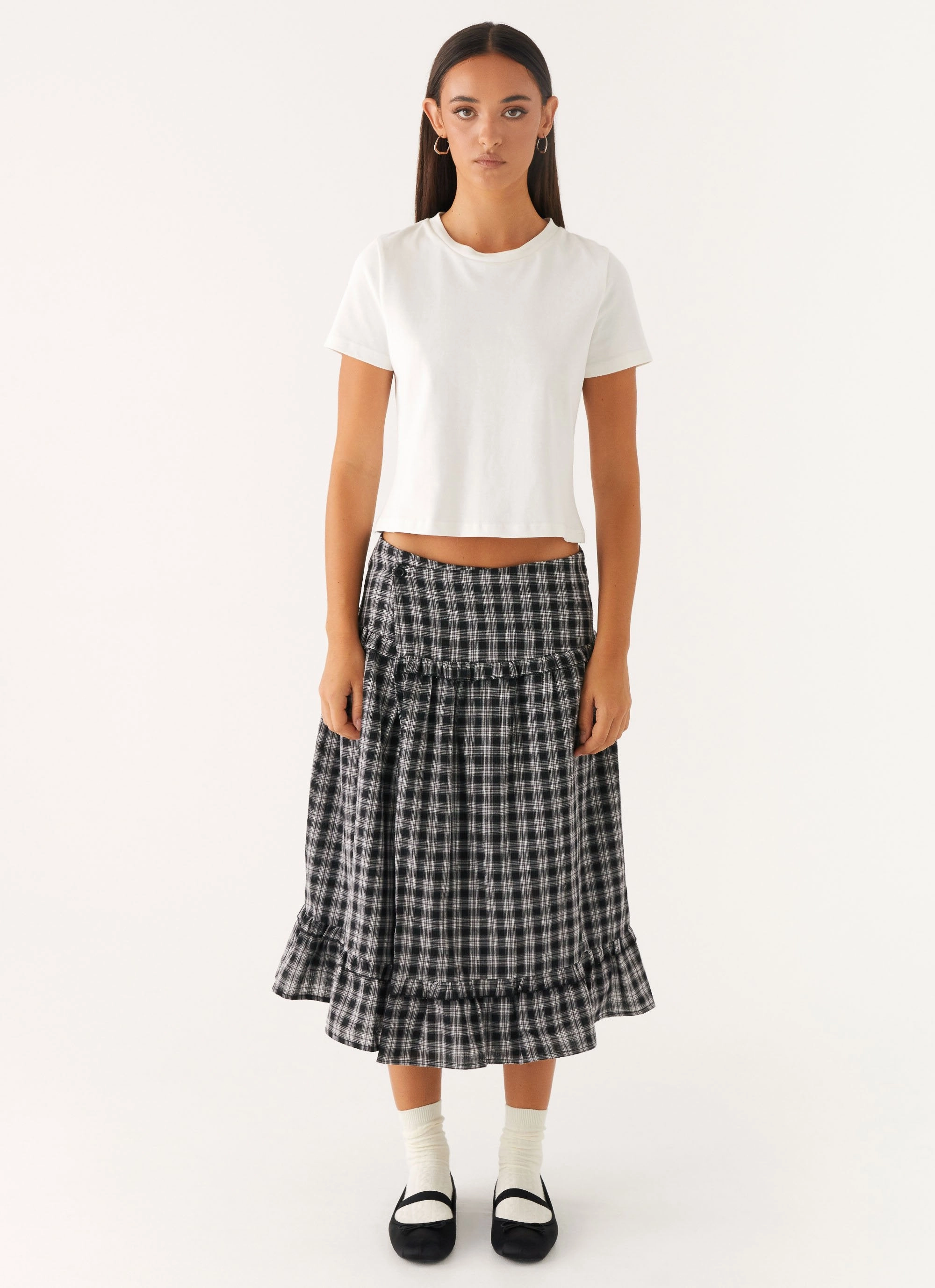 Laura Midi Skirt - White Black Check Stain Resistant Weave