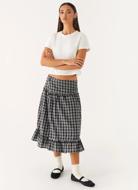 Curved Waistline Casual Edge Laura Midi Skirt - White Black Check