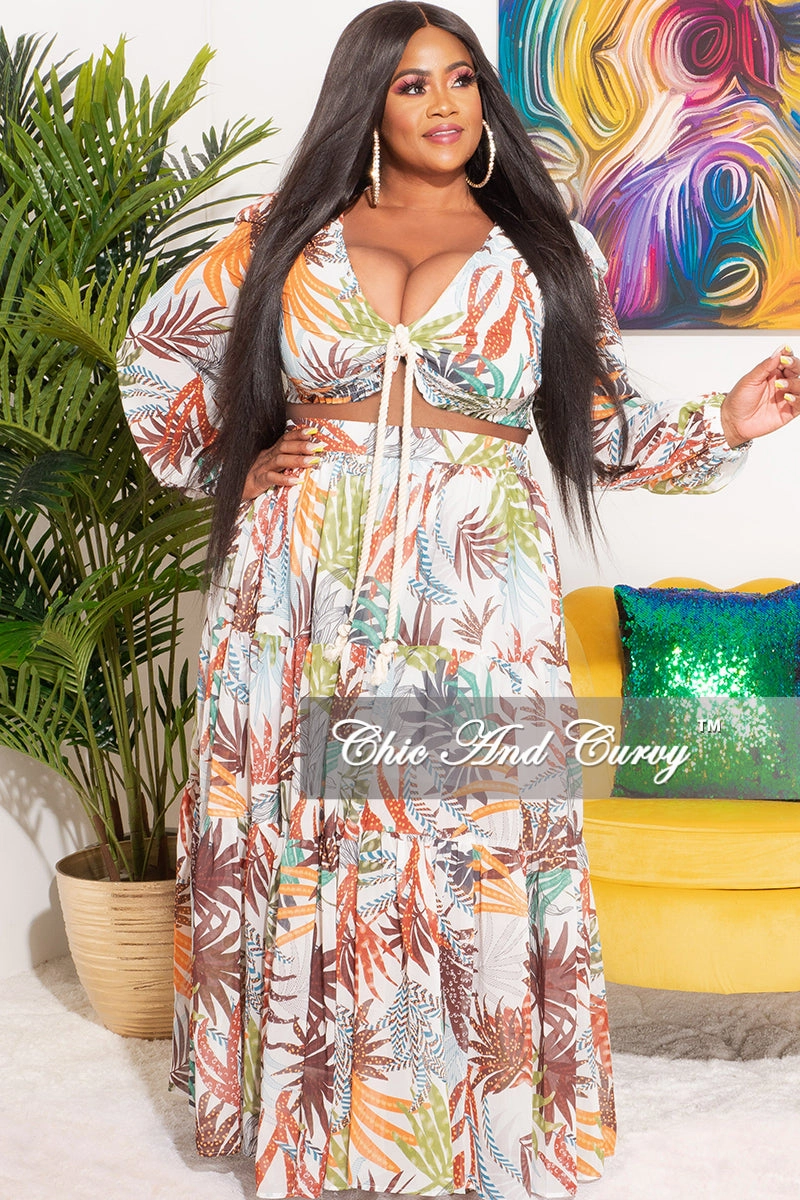 All Season All Purpose Wear Final Sale Plus Size Chiffon 2pc Set with Rope Tie Top and Maxi Skirt in Palm Print