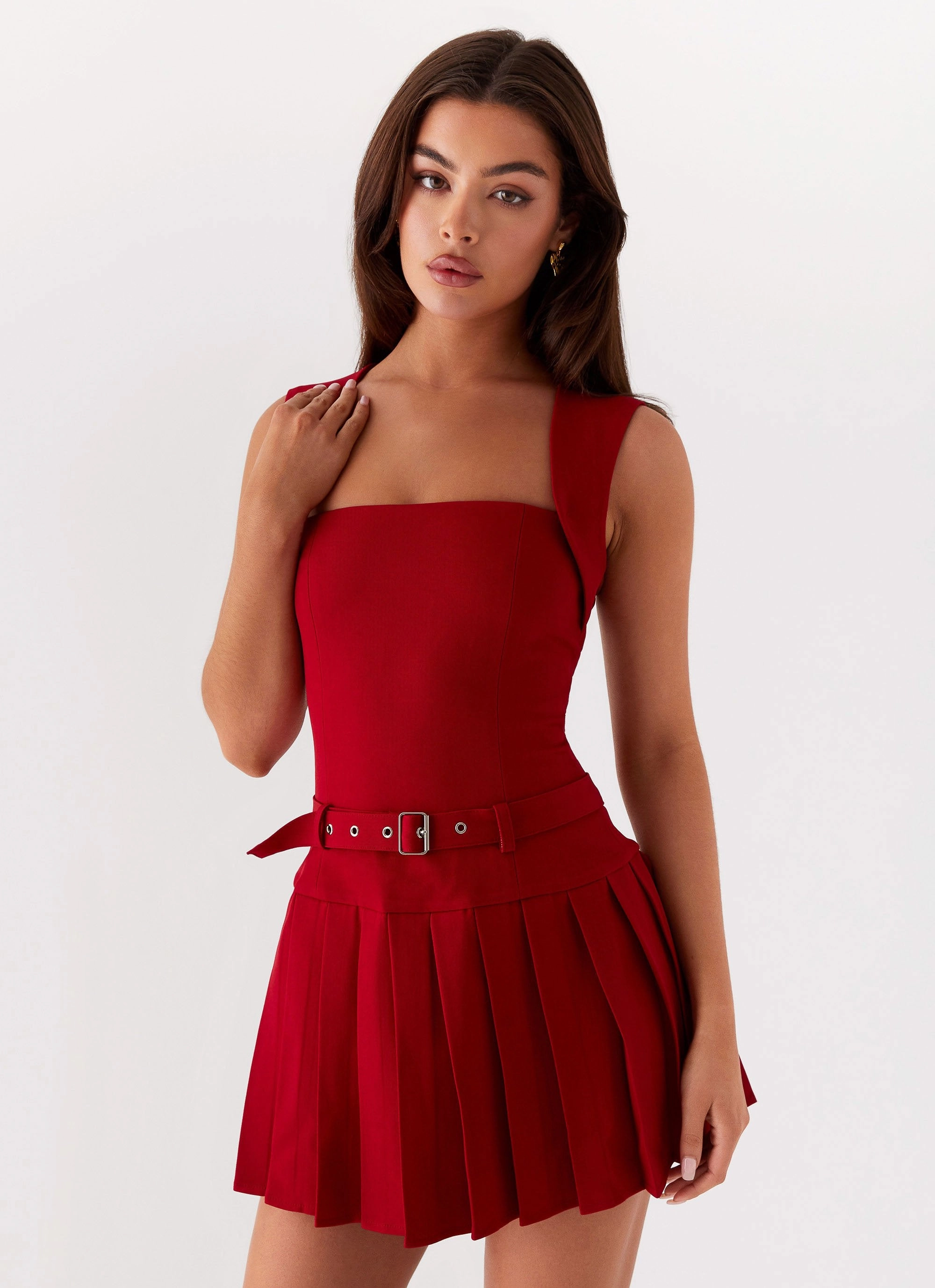 Elegant Waist Justina Belted Mini Dress - Red