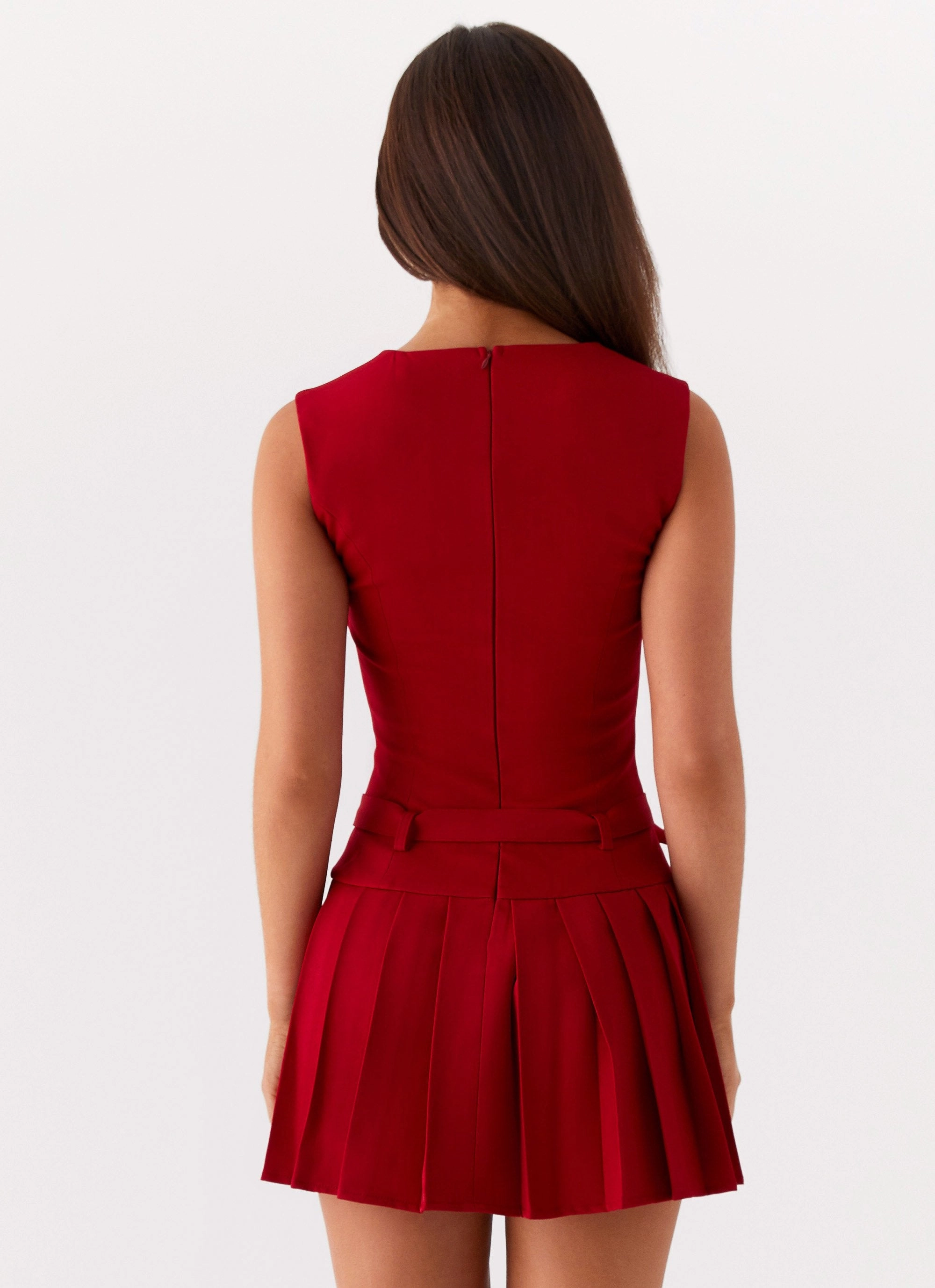 Justina Belted Mini Dress - Red Flowy Layers Travel-friendly