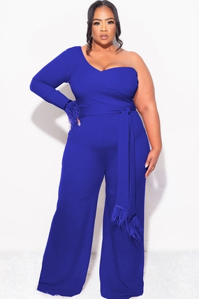 Hypoallergenic fabric Everyday Look Final Sale Plus Size One Shoulder Long Sleeve Feather Cuff Jumpsuit with Tie in Royal Blue