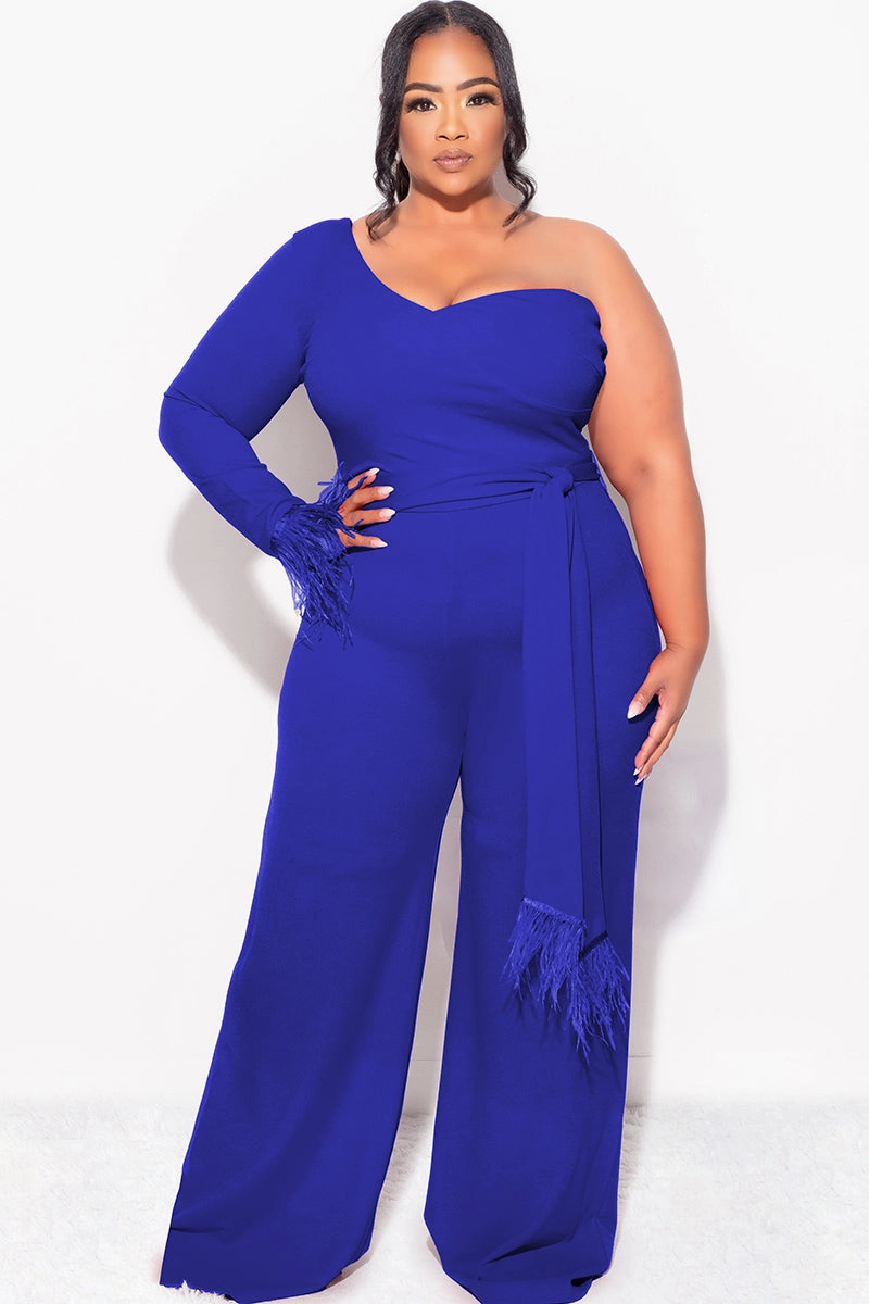 Reflective Trims Final Sale Plus Size One Shoulder Long Sleeve Feather Cuff Jumpsuit with Tie in Royal Blue