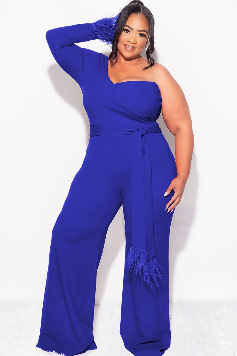 AirflowOptimized Design Reinforced Hem Stitching Final Sale Plus Size One Shoulder Long Sleeve Feather Cuff Jumpsuit with Tie in Royal Blue