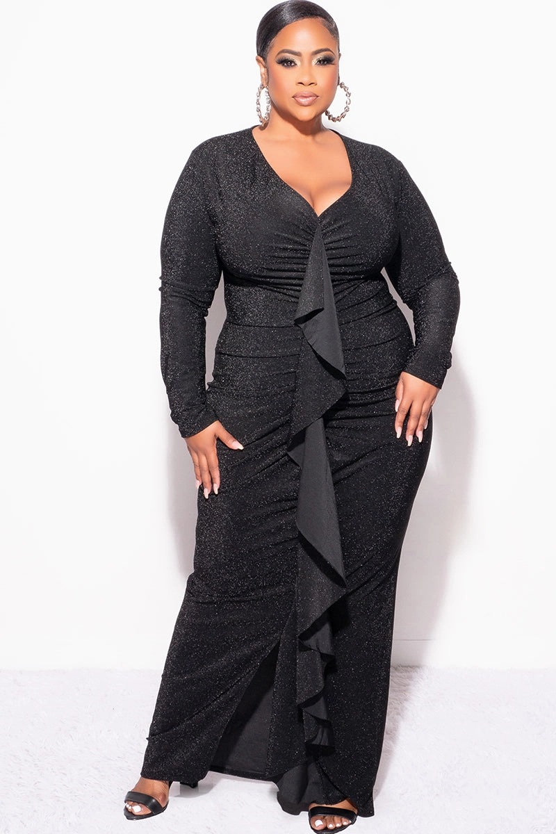 Reinforced Stitching Final Sale Plus Size V-Neck Gown with Ruched Center & Ruffle in Black Glitter Lurex Fabric