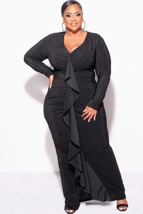 Final Sale Plus Size V-Neck Gown with Ruched Center & Ruffle in Black Glitter Lurex Fabric Layered Hem Detailing Oversized Silhouette