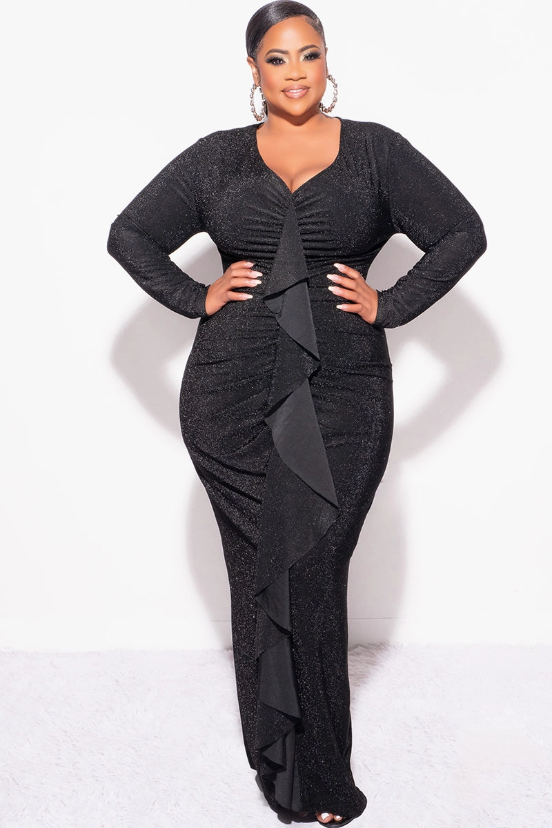 Final Sale Plus Size V-Neck Gown with Ruched Center & Ruffle in Black Glitter Lurex Fabric Ventilated Back Panels Bamboo Fiber Fabric